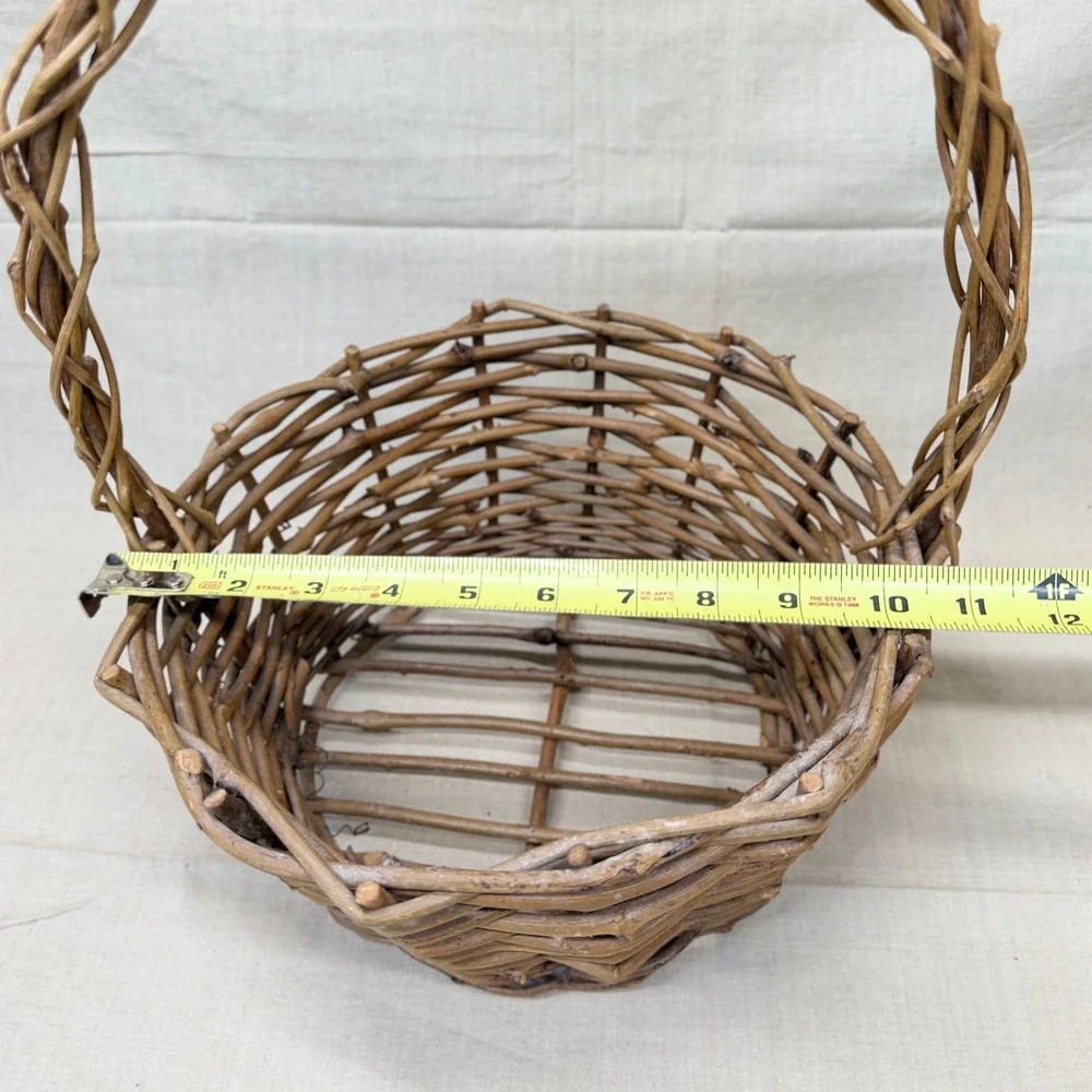 Rustic Woven Willow Branch Gathering Basket with Twisted Handle Brown Wood 1970s